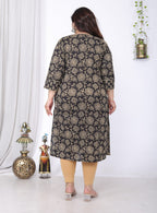 Plus Size Black Cotton Floral Print Straight Kurta-100045