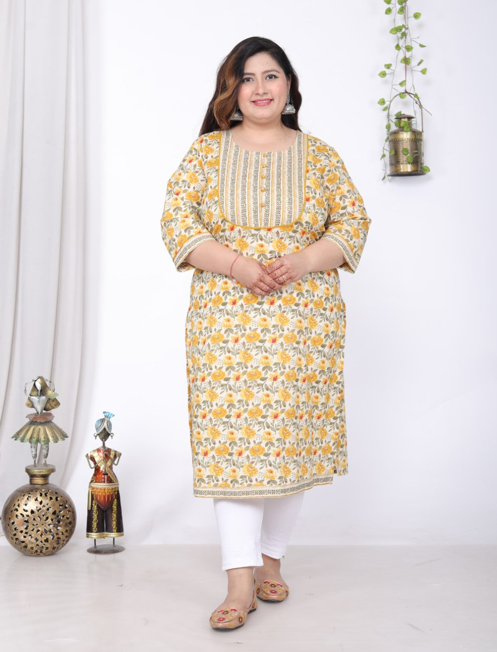 Plus Size Yellow Cotton Floral Print Straight Kurta-100046
