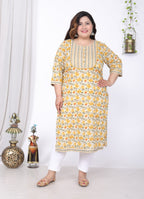 Plus Size Yellow Cotton Floral Print Straight Kurta-100046