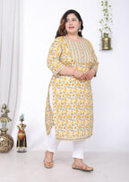 Plus Size Yellow Cotton Floral Print Straight Kurta-100046