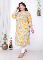 Plus Size Yellow Cotton Floral Print Straight Kurta-100046