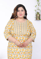 Plus Size Yellow Cotton Floral Print Straight Kurta-100046