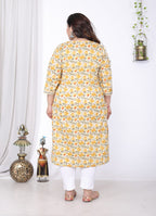 Plus Size Yellow Cotton Floral Print Straight Kurta-100046
