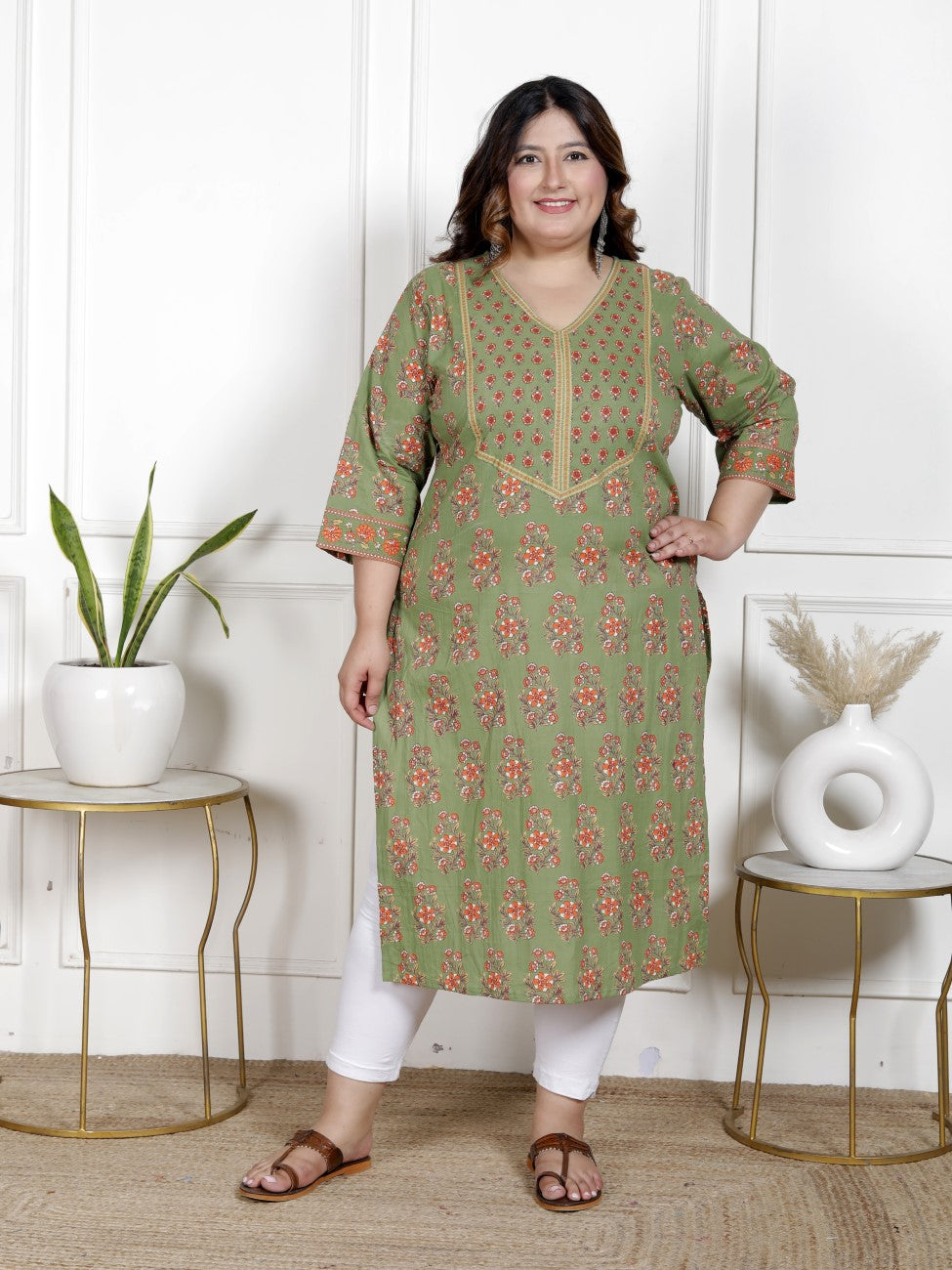 Plus Size Green Cotton Block Print Straight Kurta-100049 Main image
