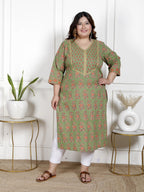 Plus Size Green Cotton Block Print Straight Kurta-100049