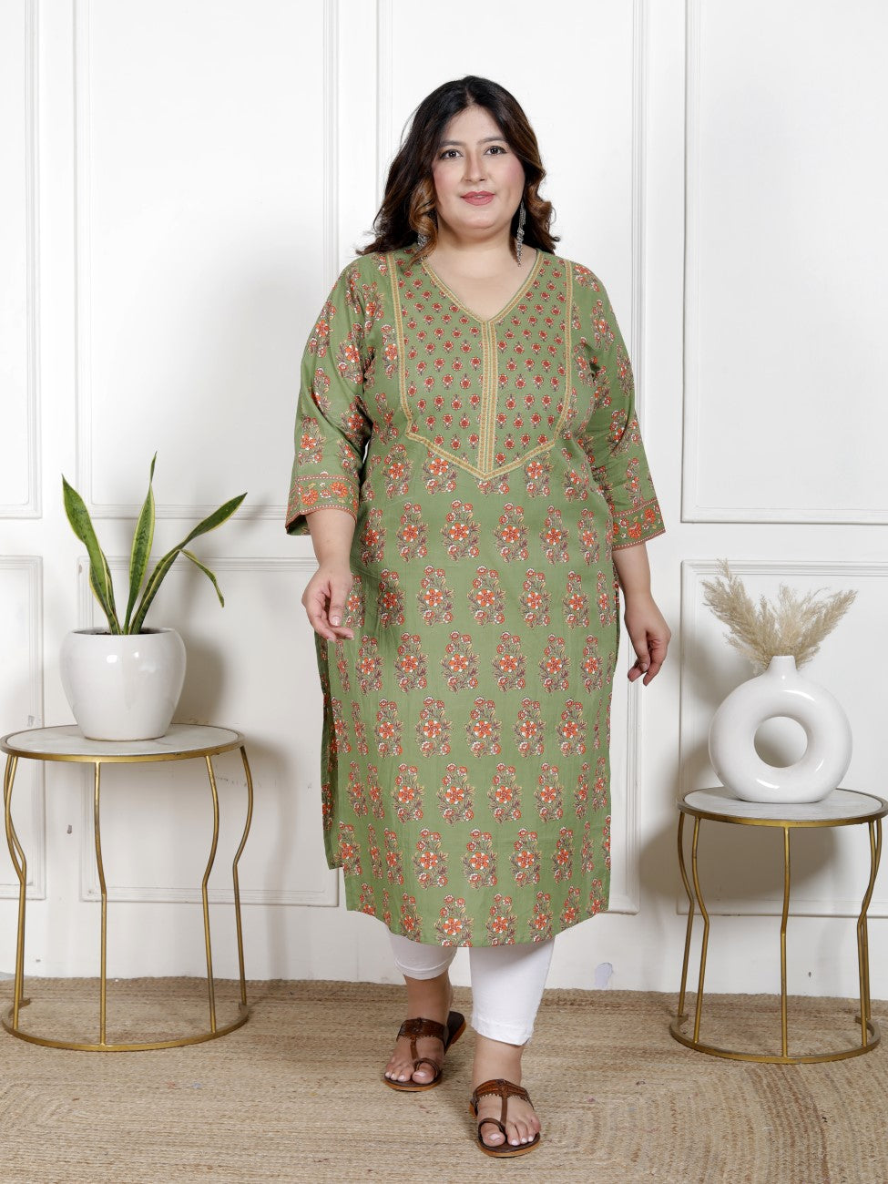 Plus Size Green Cotton Block Print Straight Kurta-100049