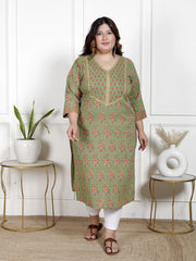Plus Size Green Cotton Block Print Straight Kurta-100049