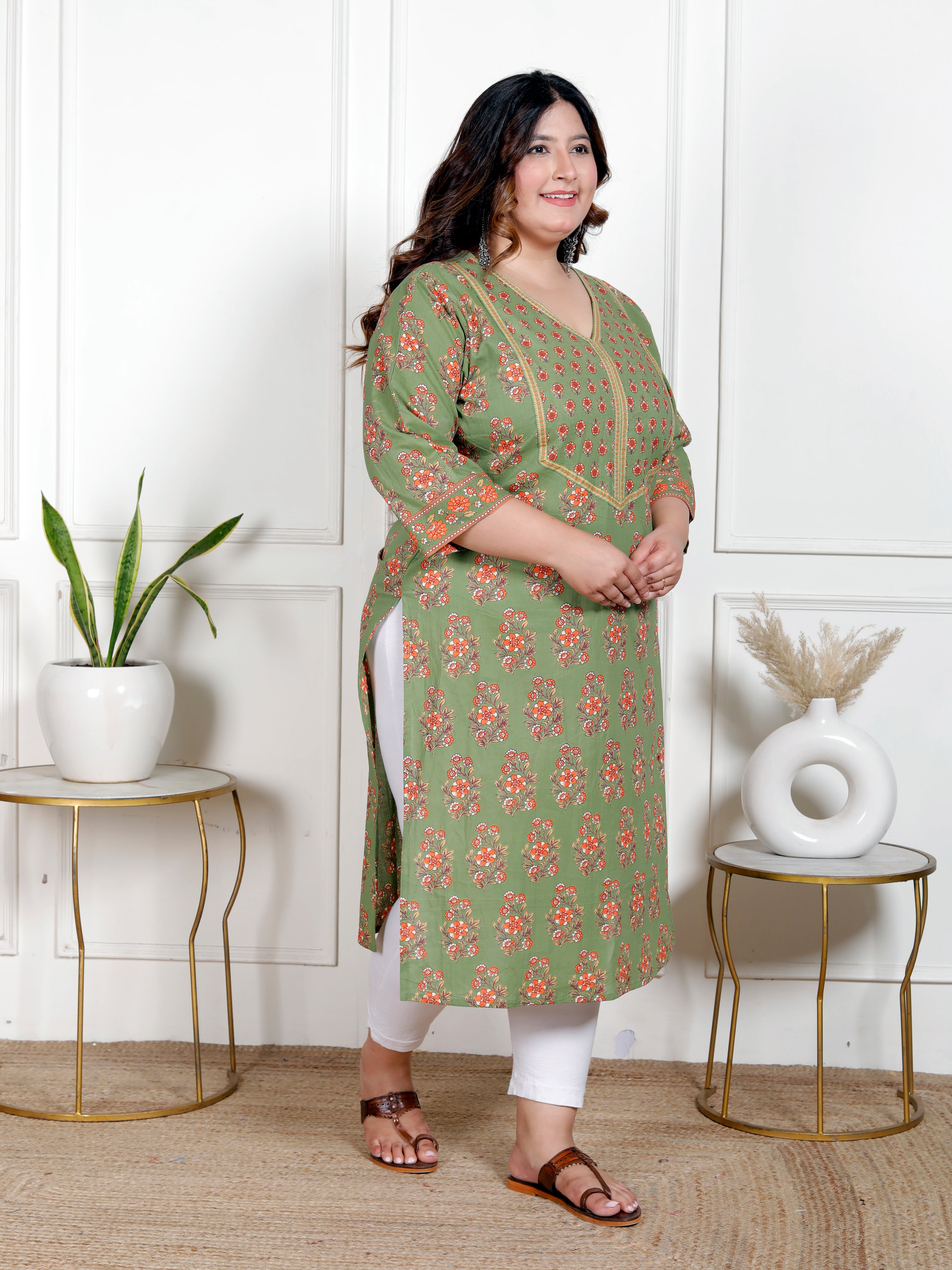 Plus Size Green Cotton Block Print Straight Kurta-100049