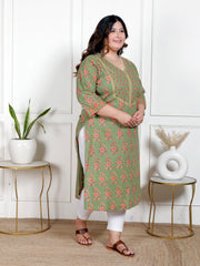 Plus Size Green Cotton Block Print Straight Kurta-100049