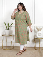 Plus Size Green Cotton Block Print Straight Kurta-100049