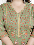 Plus Size Green Cotton Block Print Straight Kurta-100049