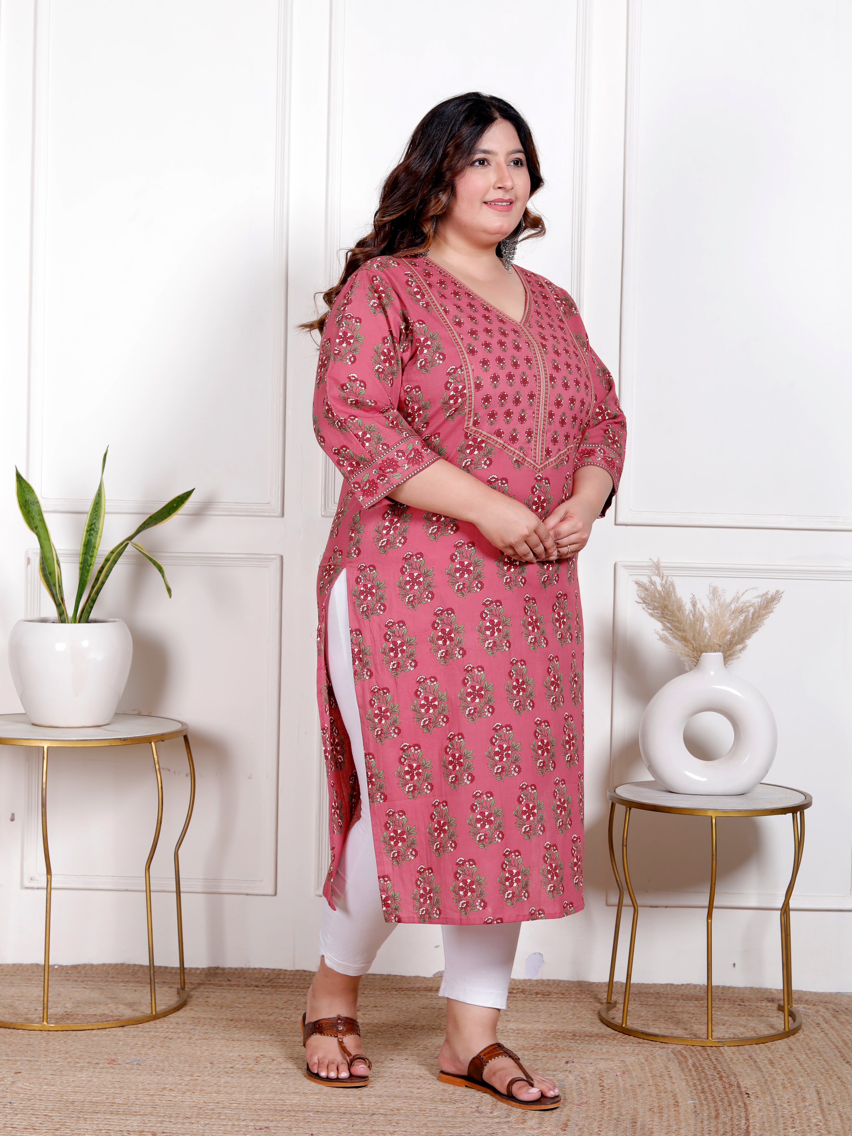 Plus Size Onion Cotton Block Print Straight Kurta-100050
