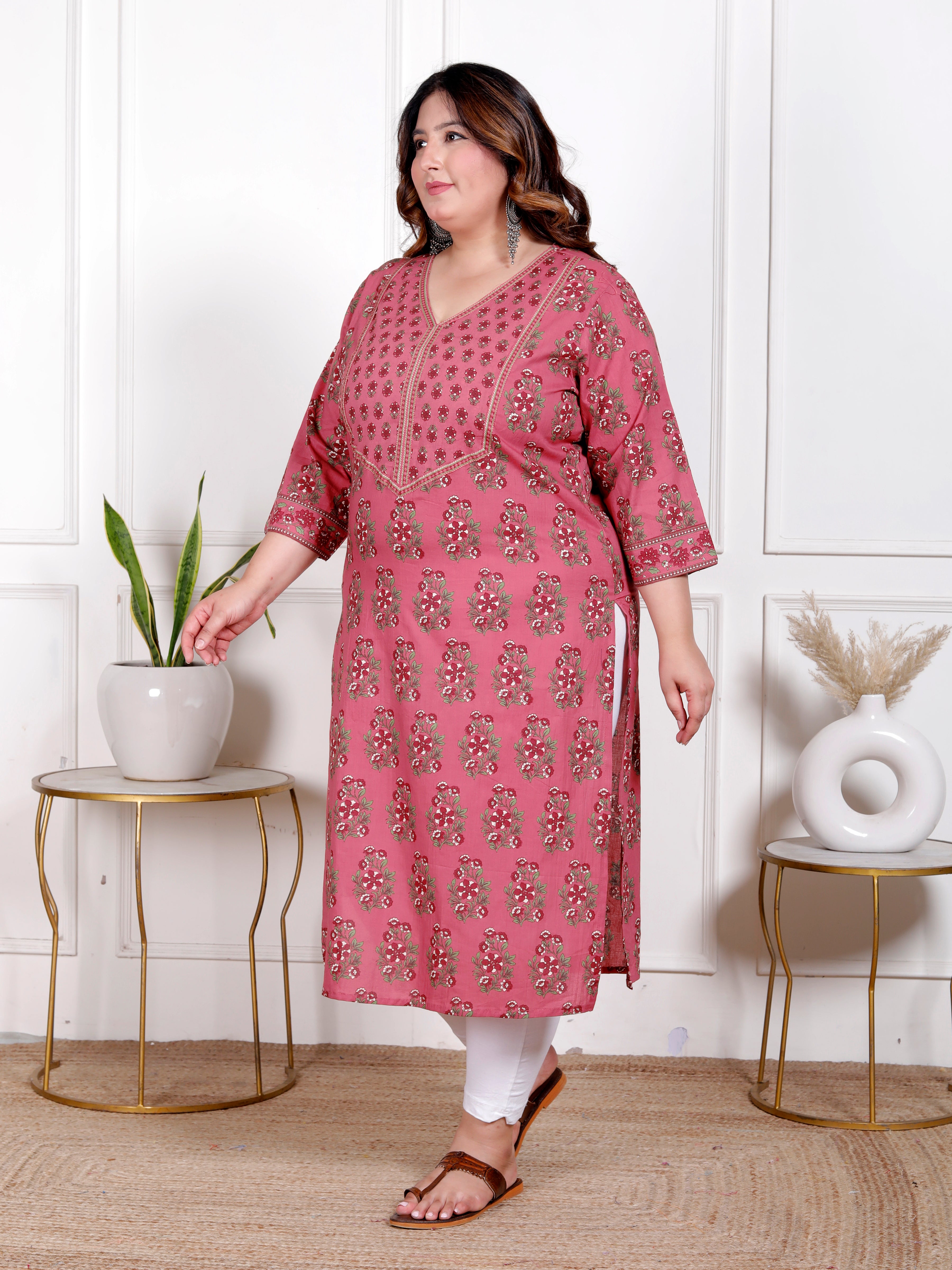 Plus Size Onion Cotton Block Print Straight Kurta-100050