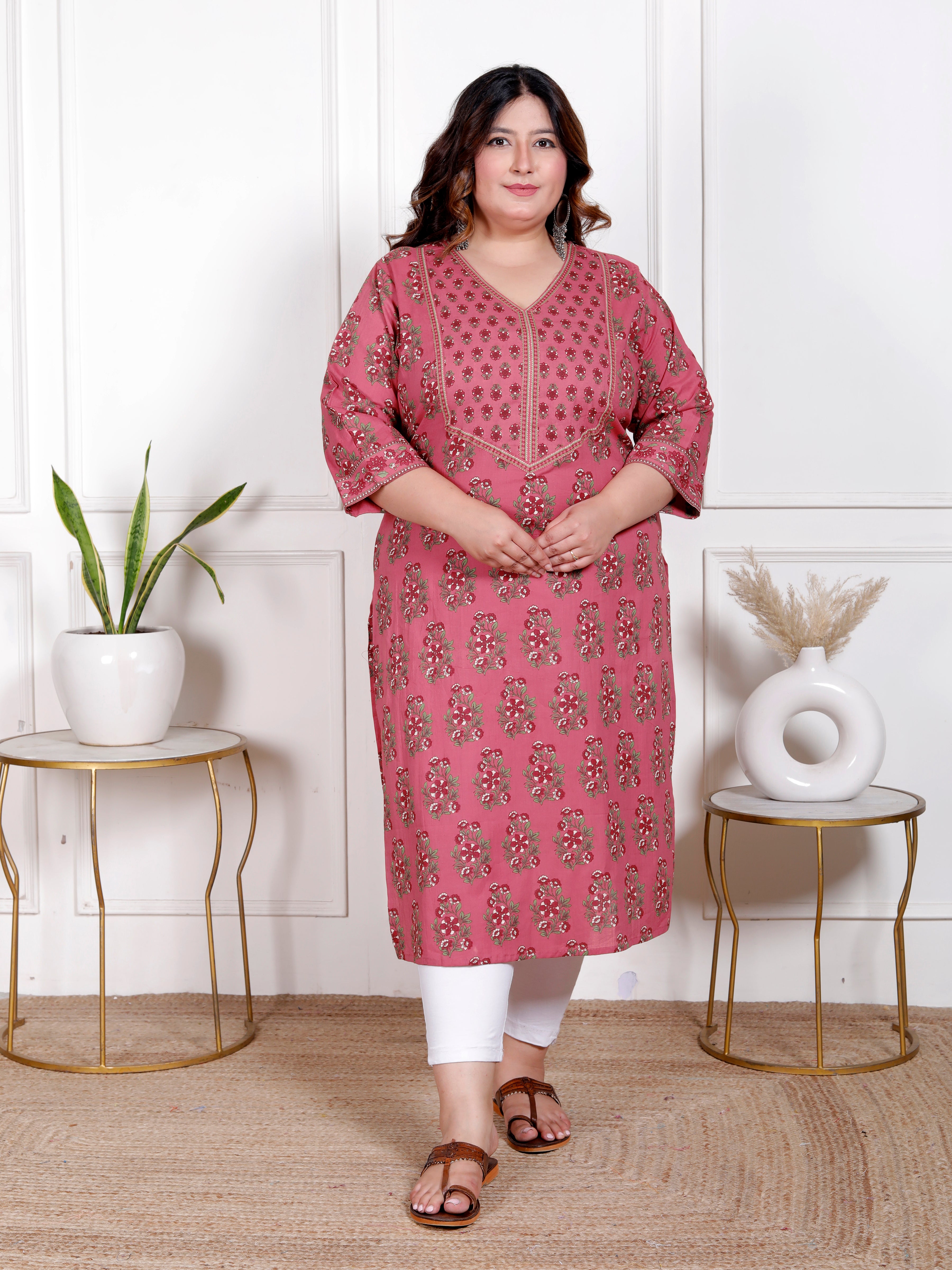 Plus Size Onion Cotton Block Print Straight Kurta-100050
