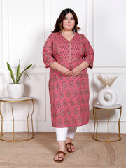 Plus Size Onion Cotton Block Print Straight Kurta-100050