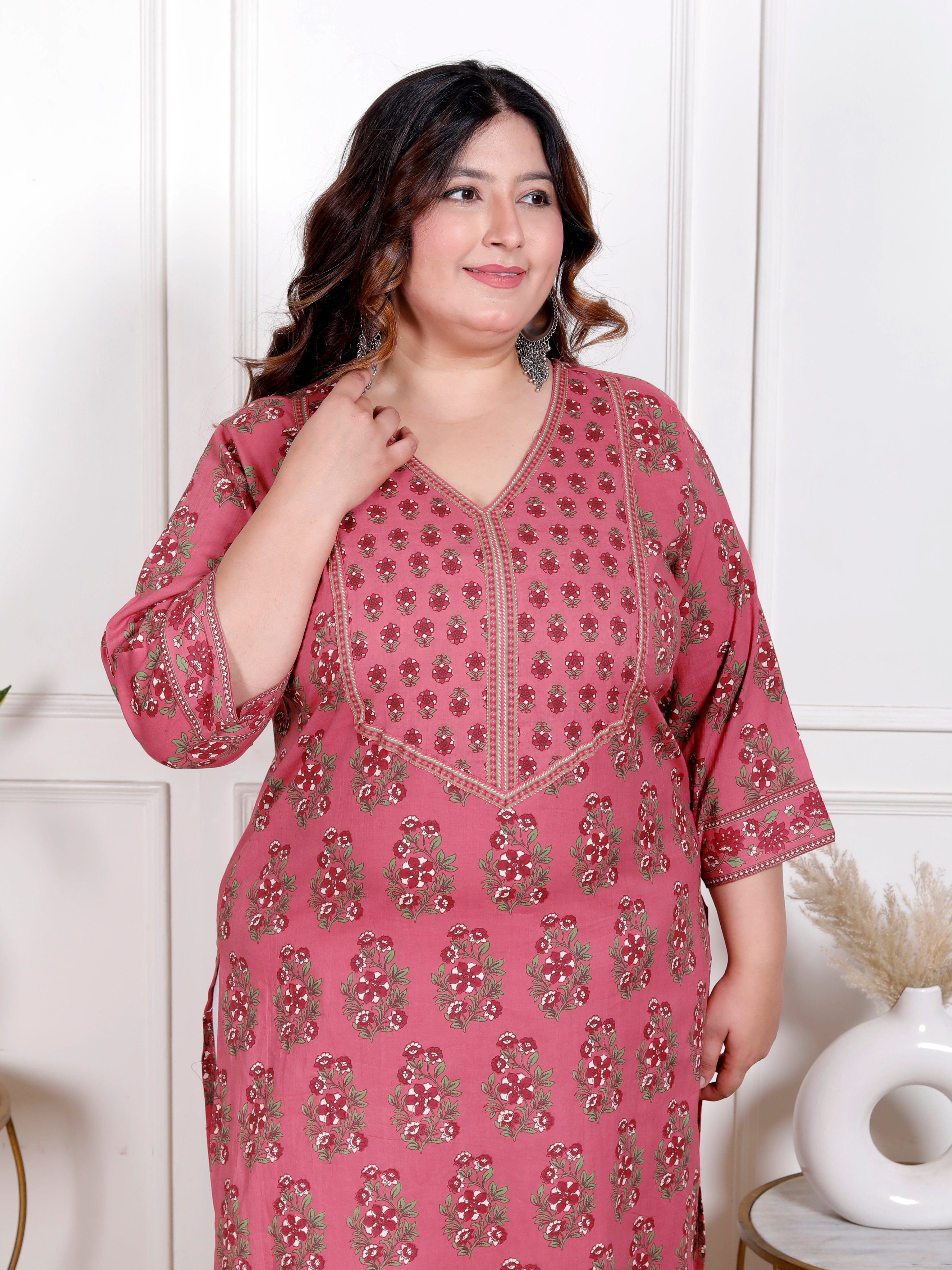 Plus Size Onion Cotton Block Print Straight Kurta-100050
