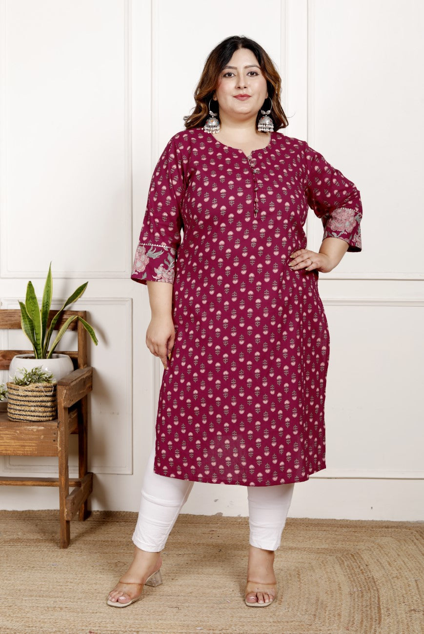 Maroon Pure Cotton Floral Print Straight Kurta-100051 Secondary image