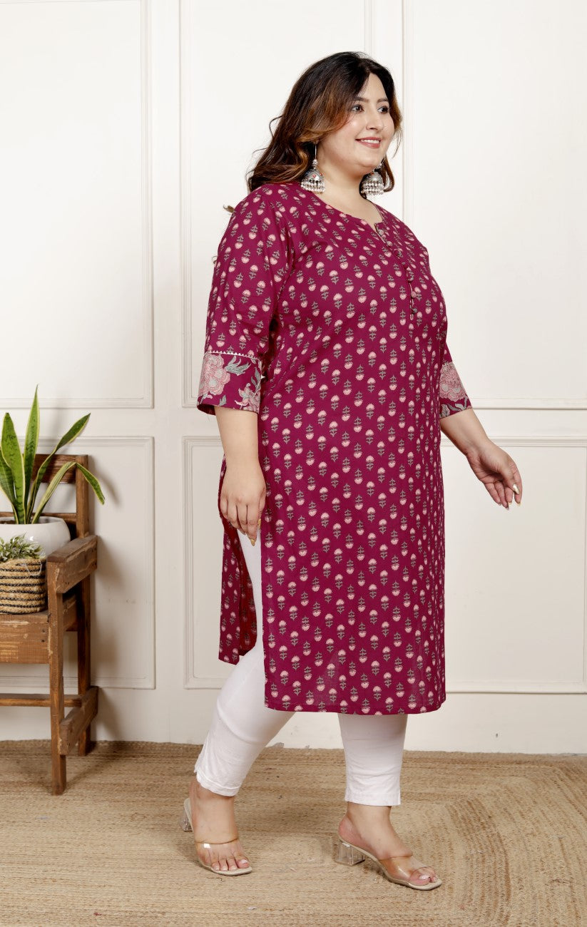 Maroon Pure Cotton Floral Print Straight Kurta-100051