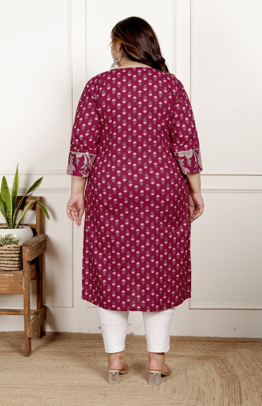 Maroon Pure Cotton Floral Print Straight Kurta-100051