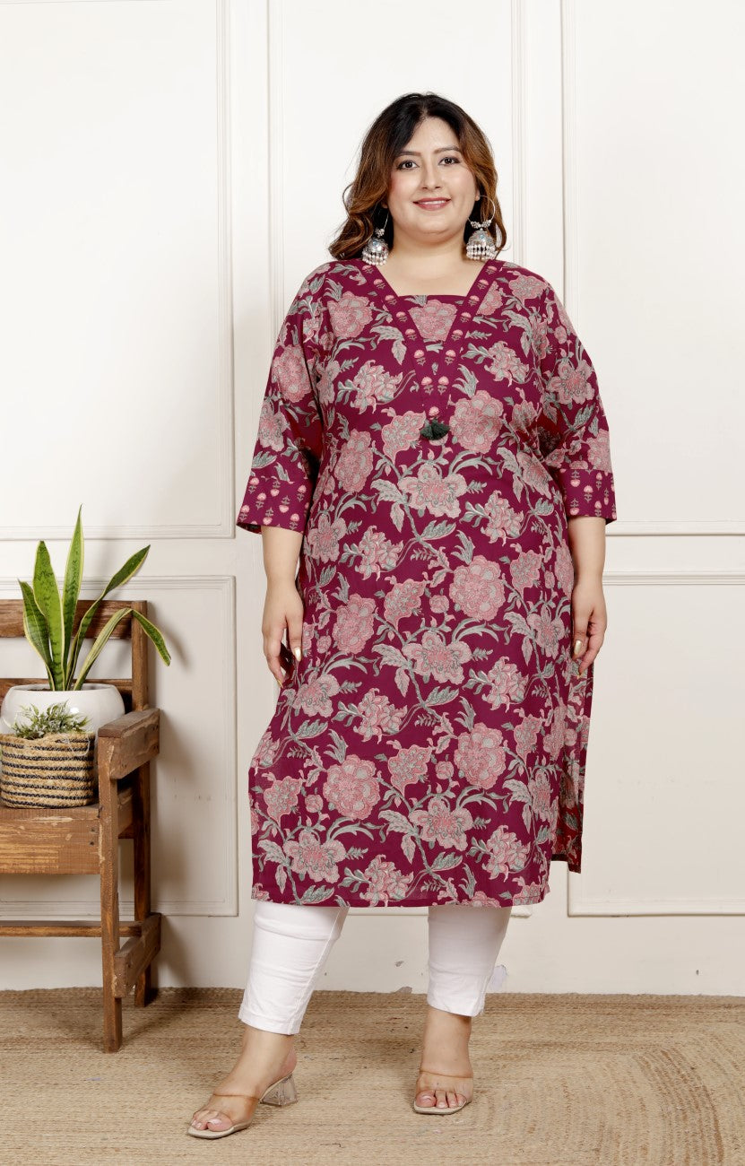 Maroon Pure Cotton Floral Print Straight Kurta-100052 Secondary image