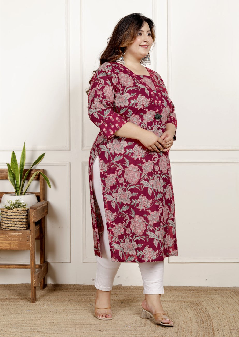 Maroon Pure Cotton Floral Print Straight Kurta-100052