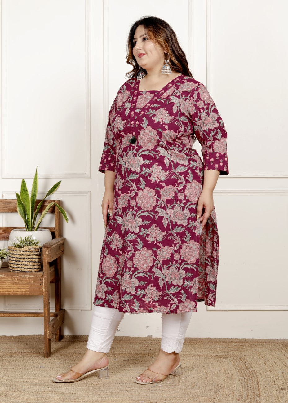 Maroon Pure Cotton Floral Print Straight Kurta-100052