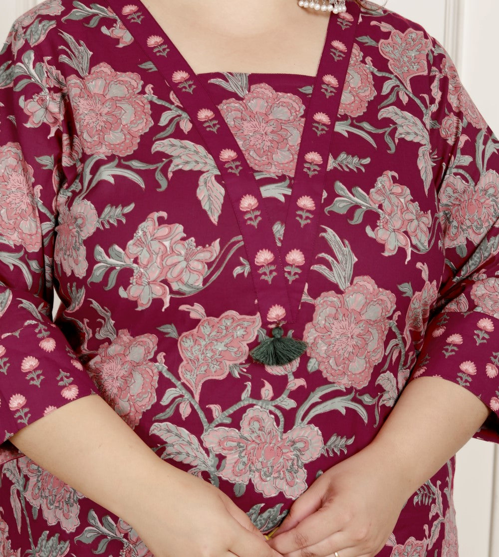 Maroon Pure Cotton Floral Print Straight Kurta-100052