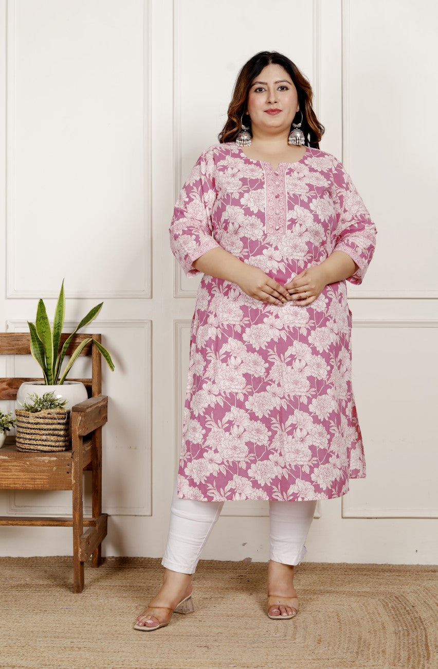 Plus Size Pink Cotton  Floral Print Straight Kurta-100053 Main image