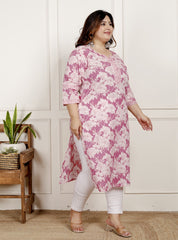 Plus Size Pink Cotton  Floral Print Straight Kurta-100053