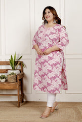 Plus Size Pink Cotton  Floral Print Straight Kurta-100053