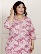Plus Size Pink Cotton  Floral Print Straight Kurta-100053
