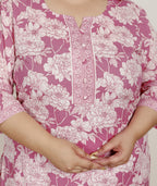 Plus Size Pink Cotton  Floral Print Straight Kurta-100053