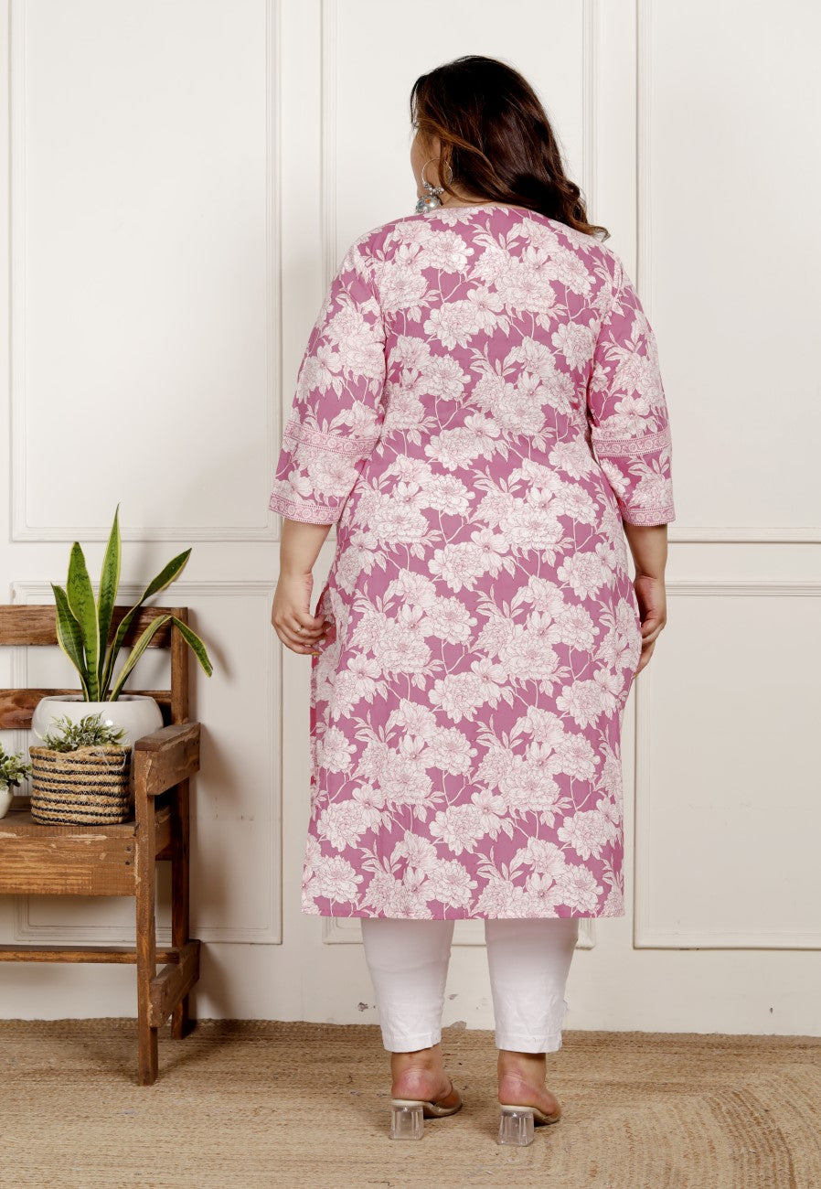 Plus Size Pink Cotton  Floral Print Straight Kurta-100053