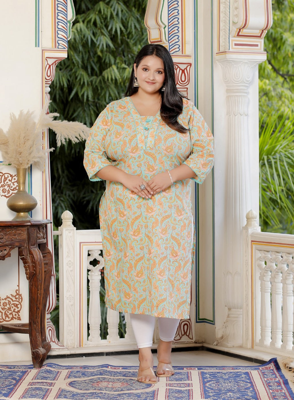 Plus Size Green Cotton  Floral Print Straight Kurta-100054