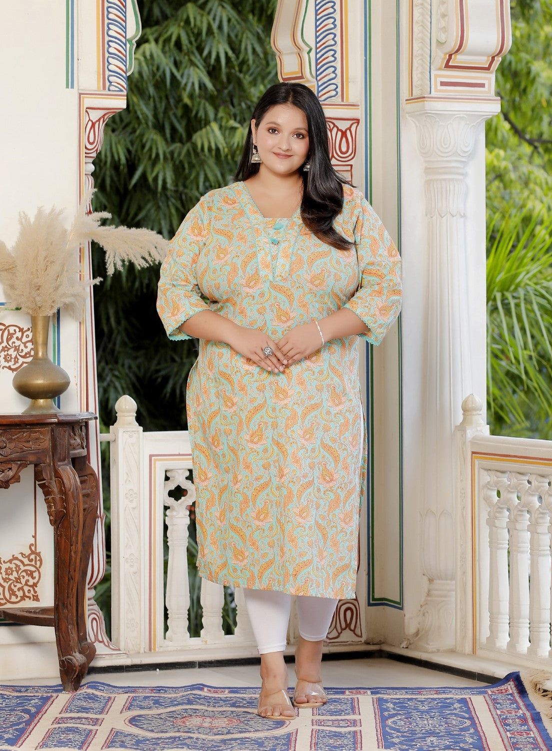 Plus Size Green Cotton  Floral Print Straight Kurta-100054