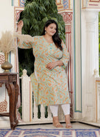 Plus Size Green Cotton  Floral Print Straight Kurta-100054
