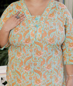 Plus Size Green Cotton  Floral Print Straight Kurta-100054