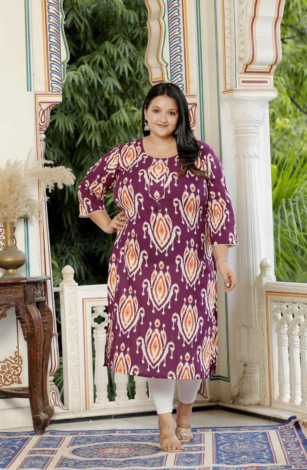 Plus Size Purple Cotton Floral Print Straight Kurta-100056 Main image