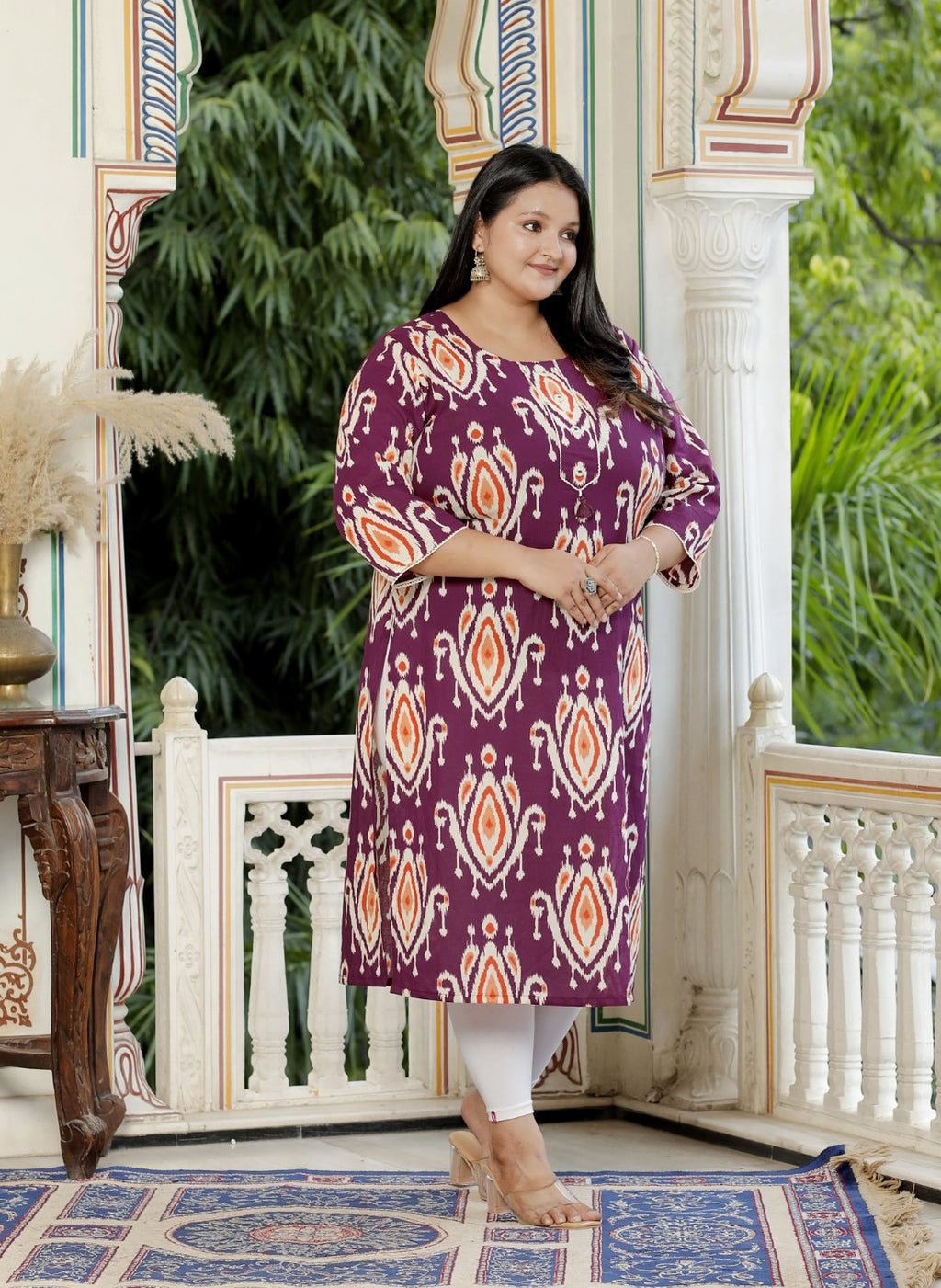 Plus Size Purple Cotton Floral Print Straight Kurta-100056