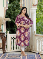 Plus Size Purple Cotton Floral Print Straight Kurta-100056