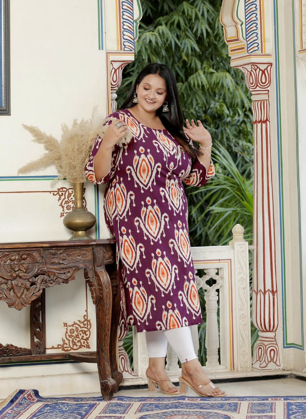 Plus Size Purple Cotton Floral Print Straight Kurta-100056