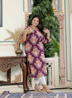 Plus Size Purple Cotton Floral Print Straight Kurta-100056