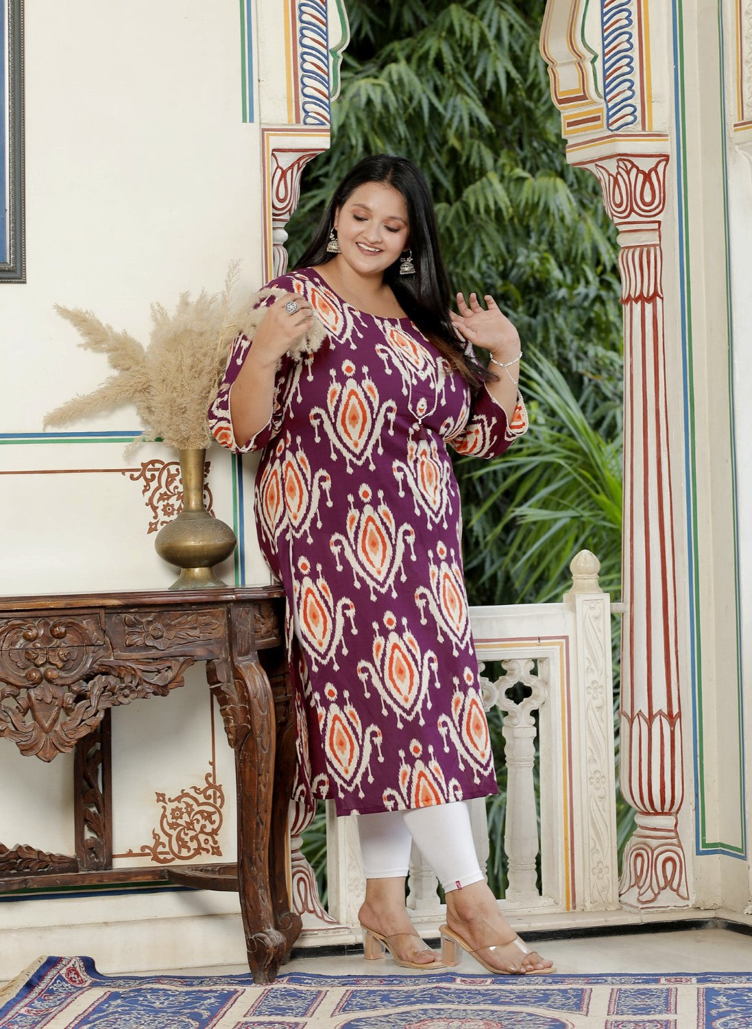 Plus Size Purple Cotton Floral Print Straight Kurta-100056