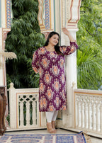 Plus Size Purple Cotton Floral Print Straight Kurta-100056