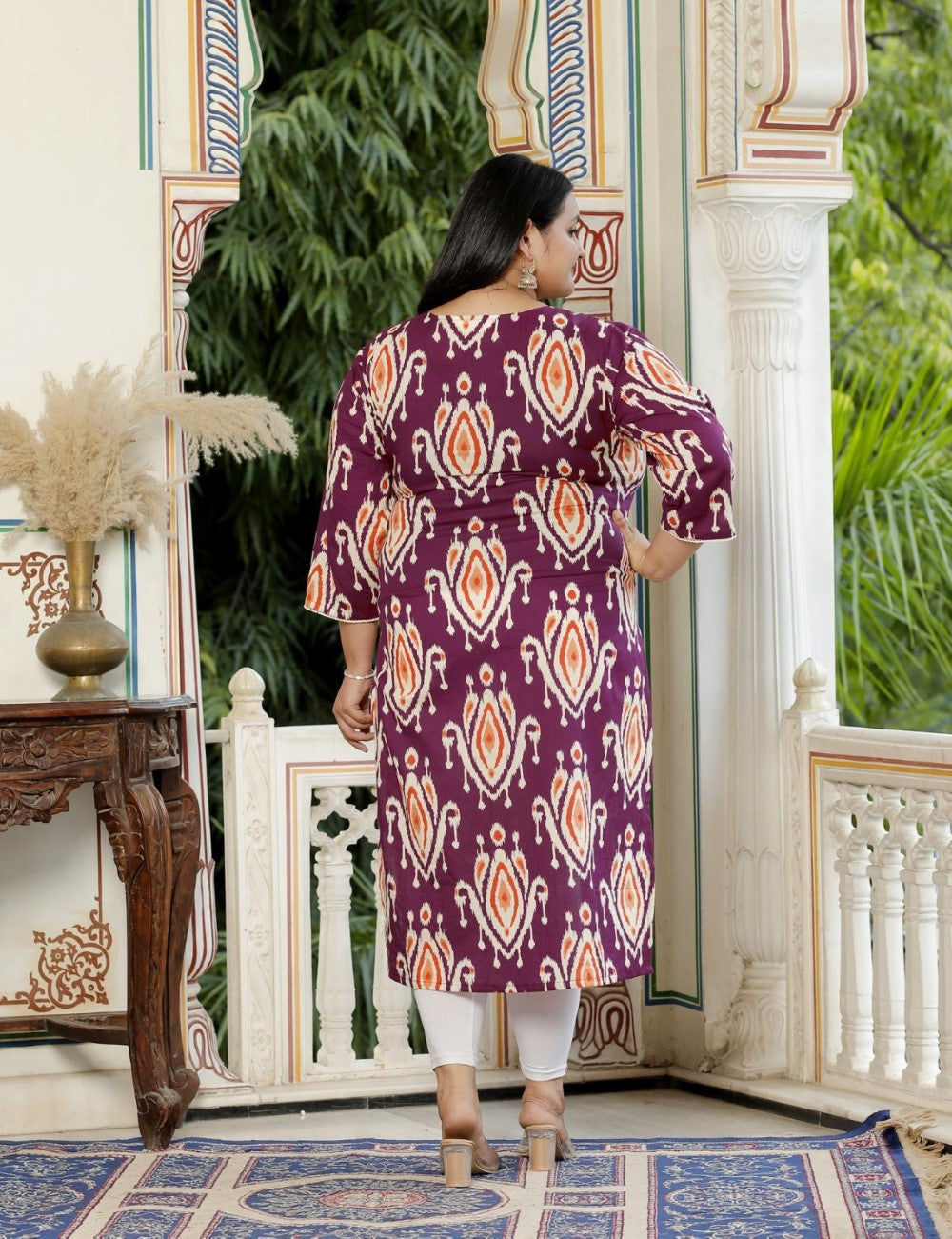 Plus Size Purple Cotton Floral Print Straight Kurta-100056