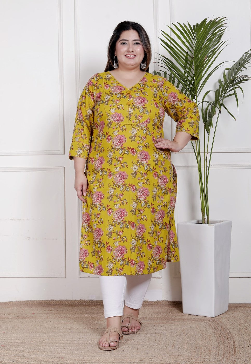 Plus Size Yellow Cotton Floral Print Straight Kurta-100057 Secondary image