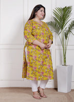 Plus Size Yellow Cotton Floral Print Straight Kurta-100057