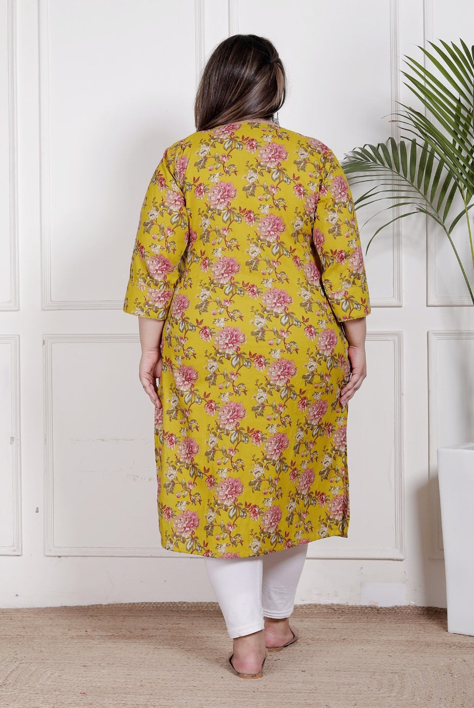 Plus Size Yellow Cotton Floral Print Straight Kurta-100057