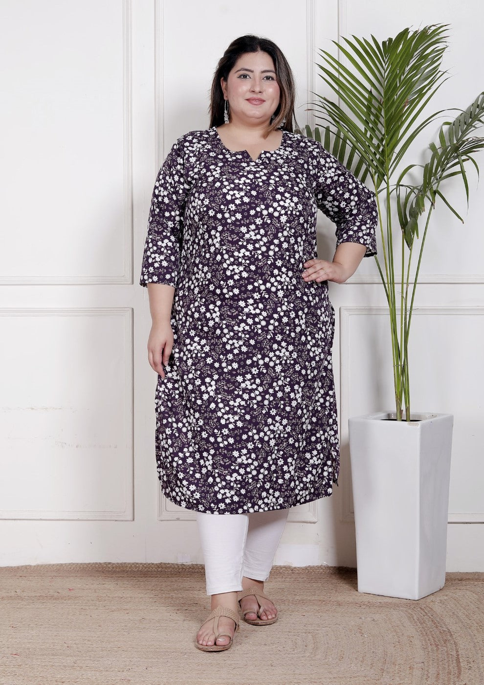 Plus Size Poly Crepe Floral Print  Straight Kurta Purple-100058 Main image