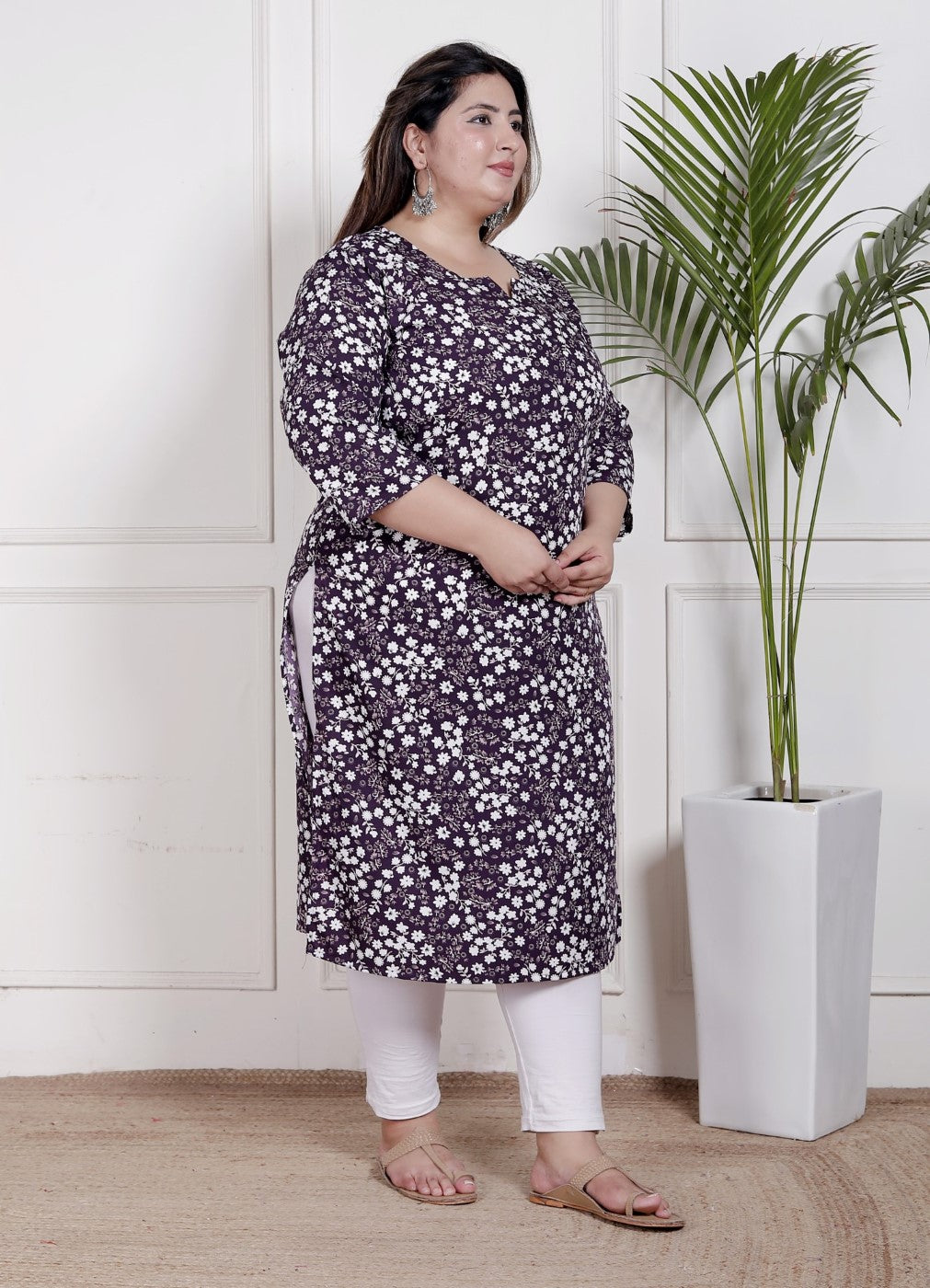 Plus Size Poly Crepe Floral Print  Straight Kurta Purple-100058 Secondary image